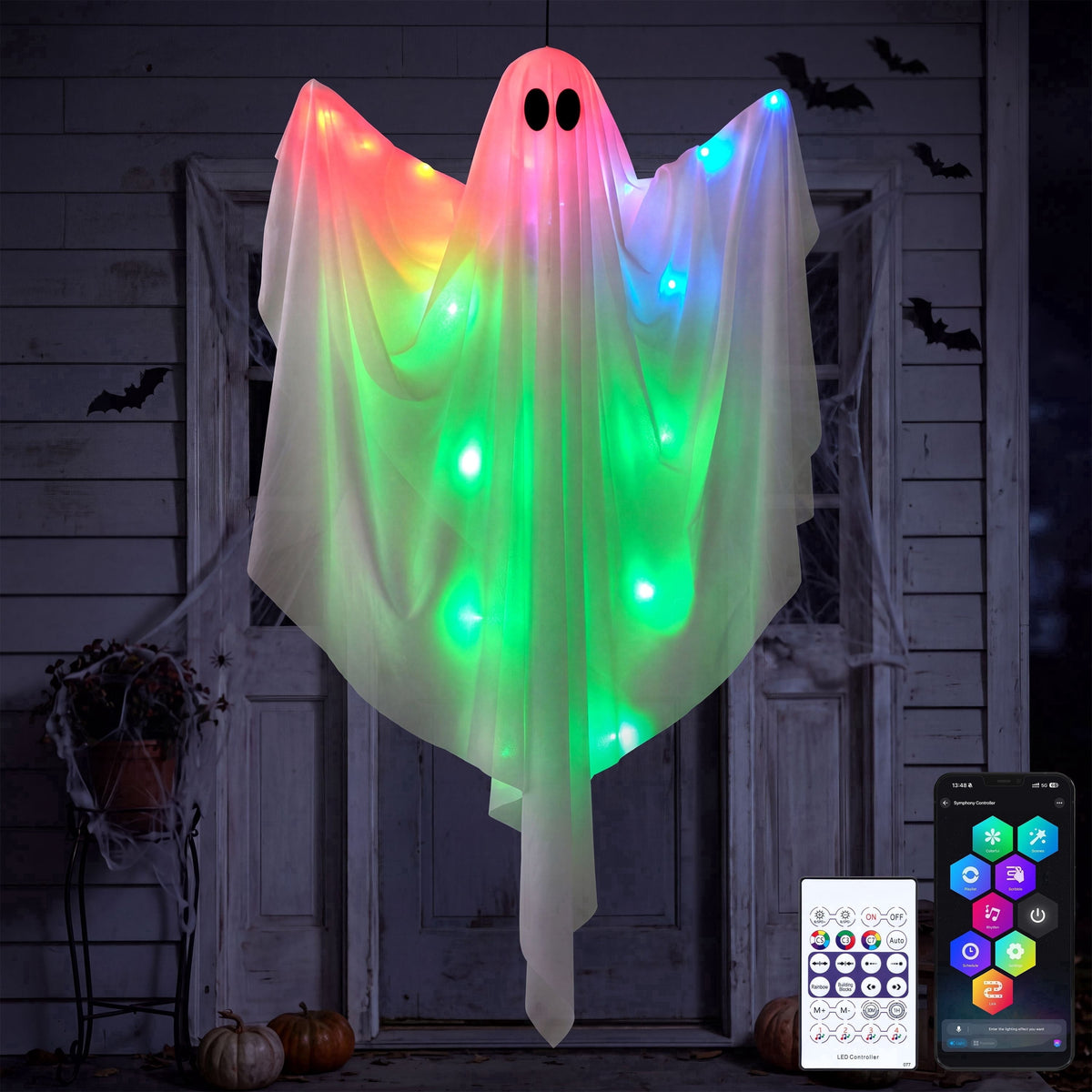 Joyfy 47inch Halloween Decorations Outdoor Hanging Ghost,Light up White Ghosts with Spooky Warm White LED Light,Halloween Outdoor Yard Porch Decorations,Haunted House Decorations