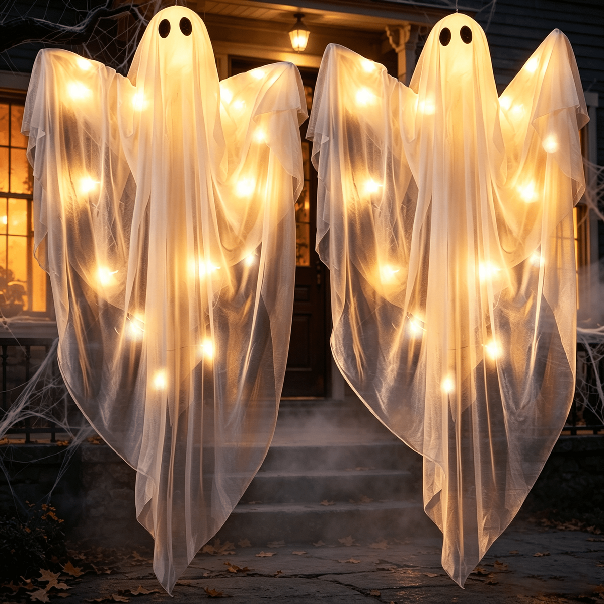 Joyfy 47" Halloween Hanging Light up Ghost Decorations Outdoor,White Ghosts with Blue LED Light and Timer Halloween Hanging Decoration Waterproof for Front Yard Patio Lawn