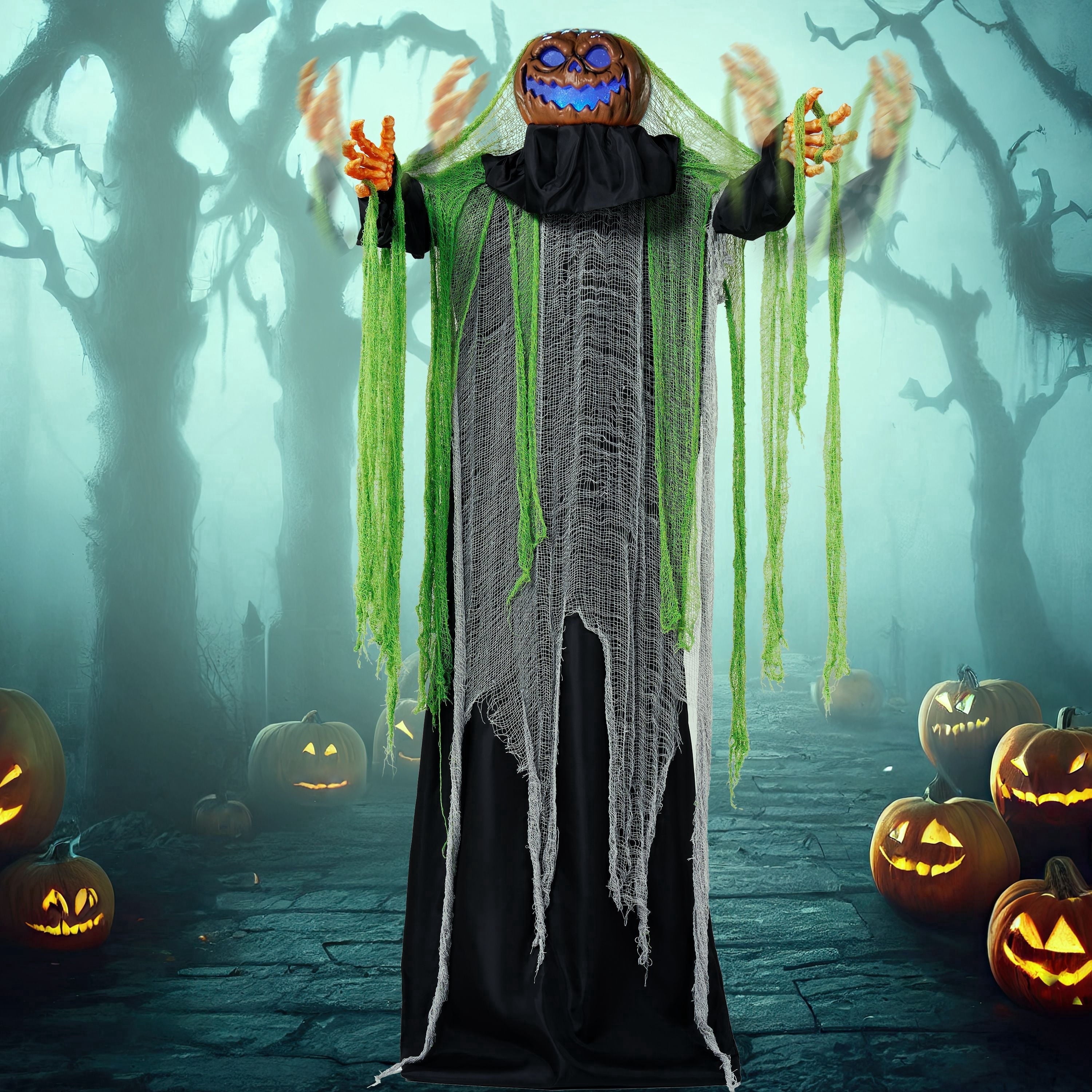 Joyfy 67" Standing Grim Reaper with Chain, Large Halloween Decorations Outdoor, Life Size Animatronics Skelton, Sound-Actived Party Decor with Creepy Sound & LED Eyes, Scary Haunted House Props