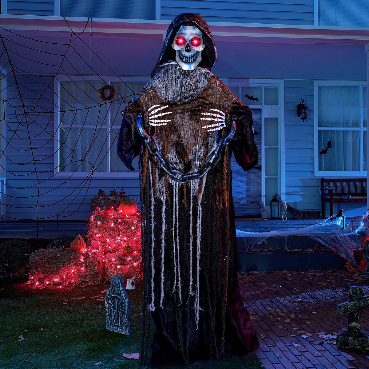 Joyfy 7.8 Ft(93.6 in) Halloween Grim Reaper Decorations Outdoor, Rotatable Flying Scream Scarecrow Skeleton Ghosts Decor for Graveyard Haunted House Props, Garden, Porch, Yard Lawn