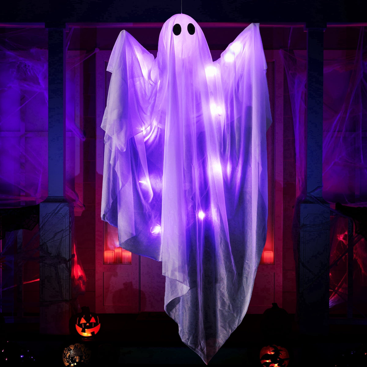 Joyfy 47inch Halloween Decorations Outdoor Hanging Ghost,Light up White Ghosts with Spooky Warm White LED Light,Halloween Outdoor Yard Porch Decorations,Haunted House Decorations