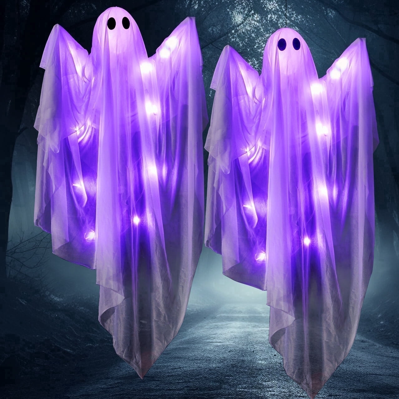 Joyfy 47inch Halloween Decorations Outdoor Hanging Ghost,Light up White Ghosts with Spooky Warm White LED Light,Halloween Outdoor Yard Porch Decorations,Haunted House Decorations