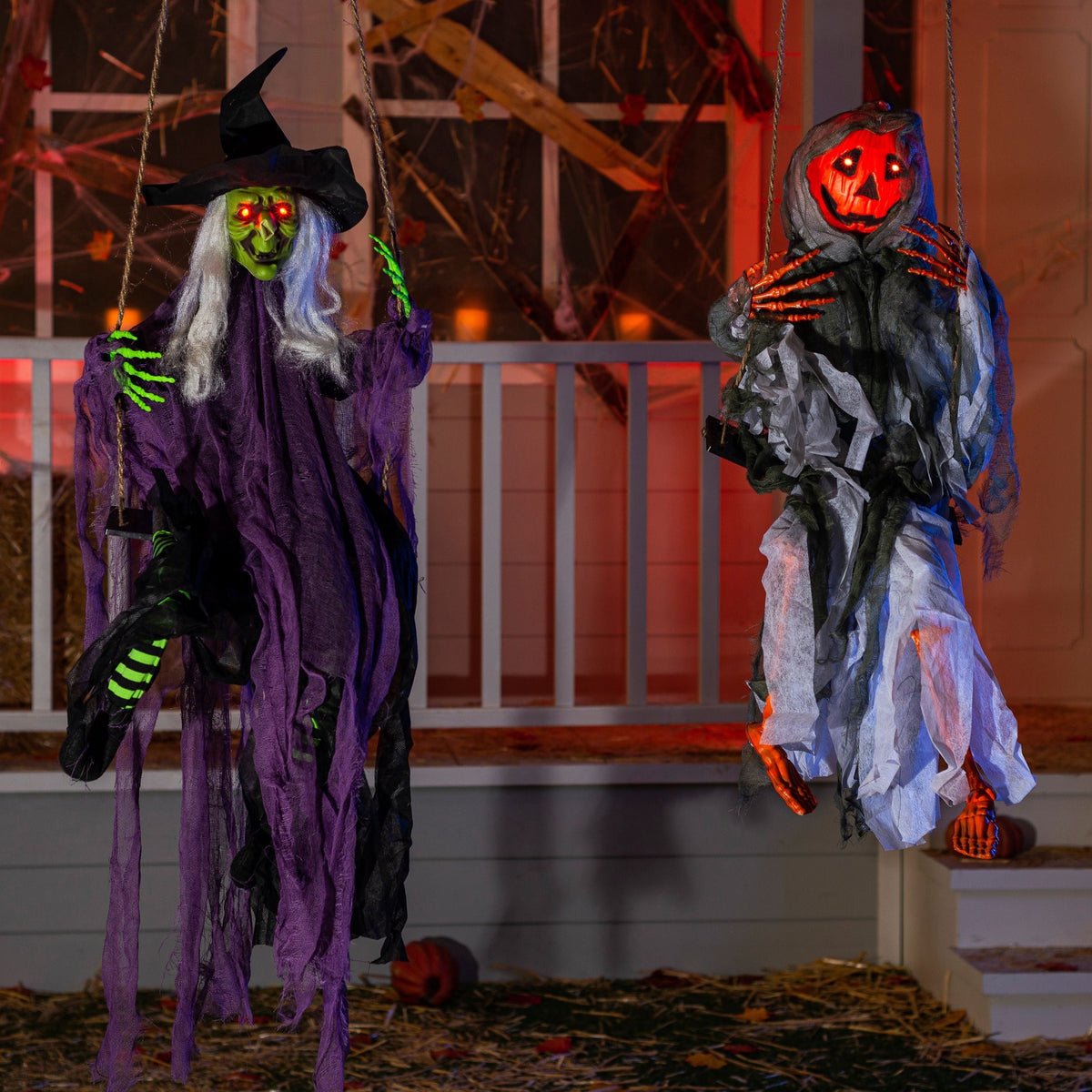 Joyfy 2 Packs Halloween Decorations Outdoor Hanging Swinging Skeleton Ghosts,3 ft Light Up Creepy Grim Reaper Decorations for Halloween Hanging Decorations Indoor Outdoor Yard