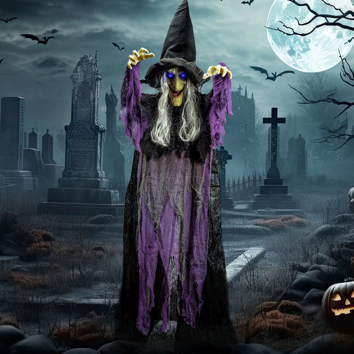Joyfy 6ft Halloween Witch Decoration,Outdoor Scary Halloween Animatronic Hanging Witch with Light Up Eyes and Sound Decoration for Halloween Outdoor