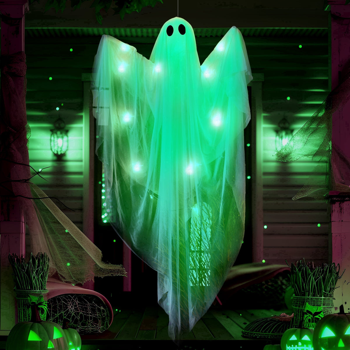 Joyfy 47inch Halloween Decorations Outdoor Hanging Ghost,Light up White Ghosts with Spooky Warm White LED Light,Halloween Outdoor Yard Porch Decorations,Haunted House Decorations