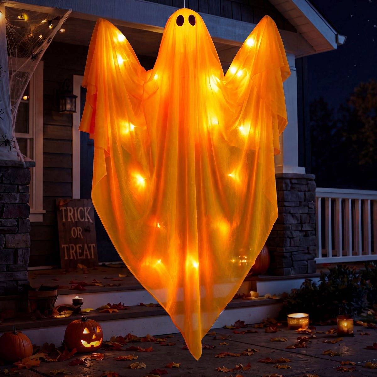 Joyfy 47inch Halloween Decorations Outdoor Hanging Ghost,Light up White Ghosts with Spooky Warm White LED Light,Halloween Outdoor Yard Porch Decorations,Haunted House Decorations