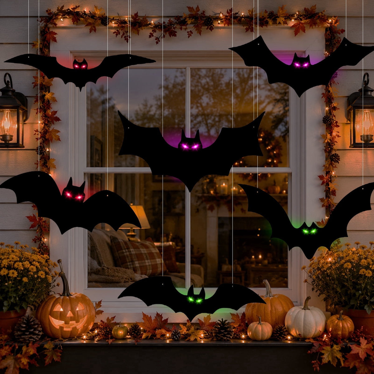 KORALAKIRI 16 Pcs Halloween Hanging Bats Decorations Outdoor, Waterproof Black Bat with Glowing Eyes for Front Door Yard Tree Halloween Hanging Decorations Outside