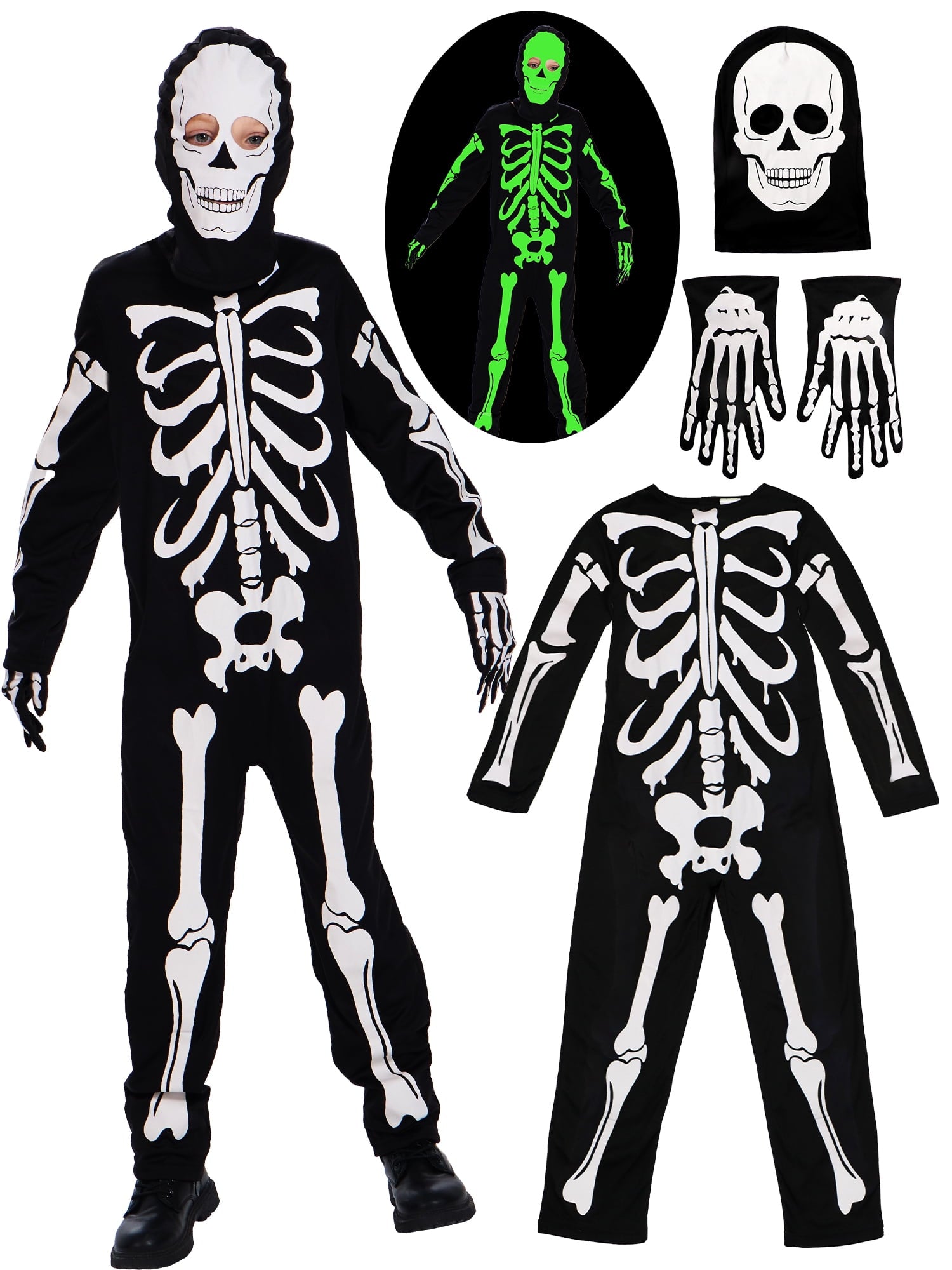 Kids Boys Halloween Skeleton Costume Glowing in The Dark with Mask Gloves Fancy Dress Outfit Green 4-12 Years