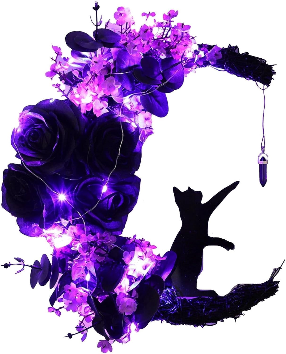 Wiher Halloween Wreaths with Lights for Front Door, 13.77" Halloween Moon Wreath with Black Cat Wood Wreath Halloween Wreath Horror Decorations for Home Party Window Wall Indoor Outdoor C