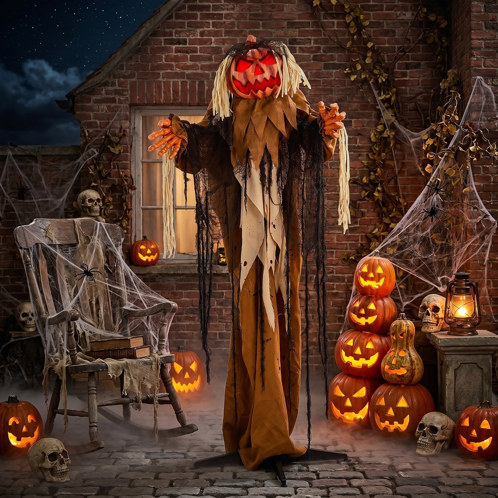 Ktaxon 6ft Pumpkin Man Animated Animatronic Decoration Creepy Halloween w/ Classic Cape Creepy Cloaked Jack-o'-Lantern for Porch & Yard