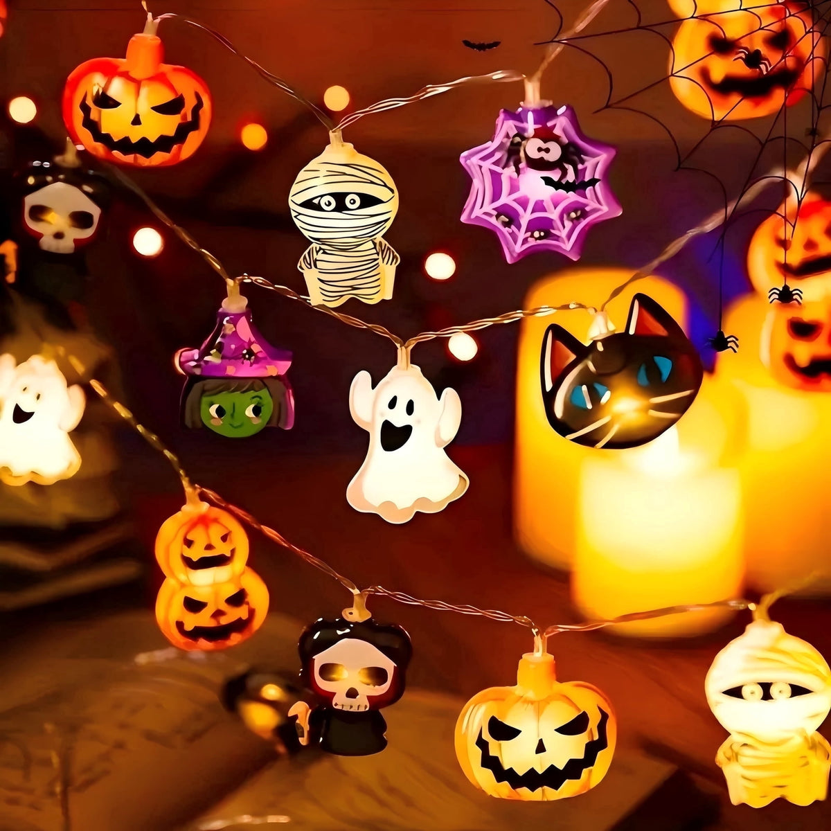 PMMIPNW Halloween LED Fairy String Lights 20LED - Spooky Pumpkin, Witch, Mummy & Cat, 8 Modes with Timer, Designs for Party Decor, Battery Operated Halloween Decorations