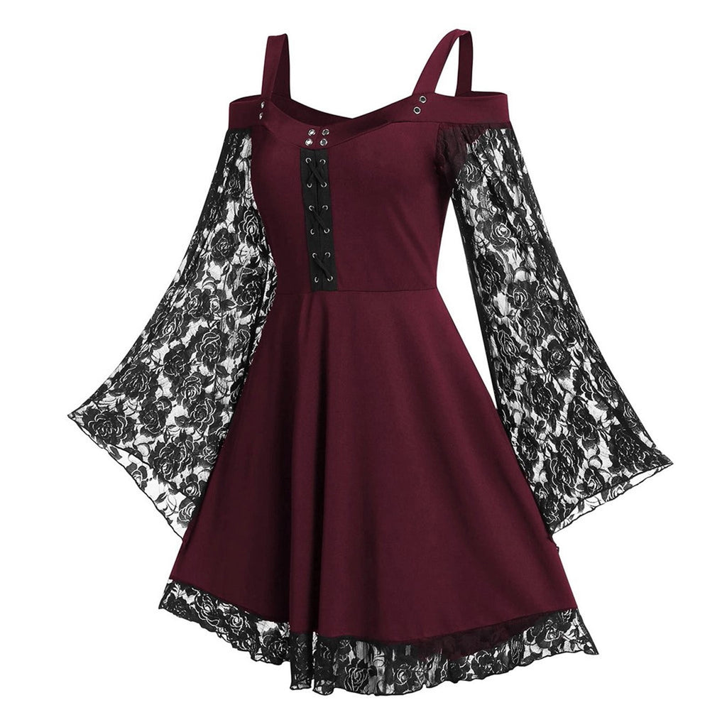 LYXSSBYX Halloween Costume for Women Cosplay Costumes Women Patchwork Skull Lace Splicing Long Sleeve Vintage Party Dark Gothic Dress