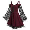 LYXSSBYX Halloween Costume for Women Cosplay Costumes Women Patchwork Skull Lace Splicing Long Sleeve Vintage Party Dark Gothic Dress