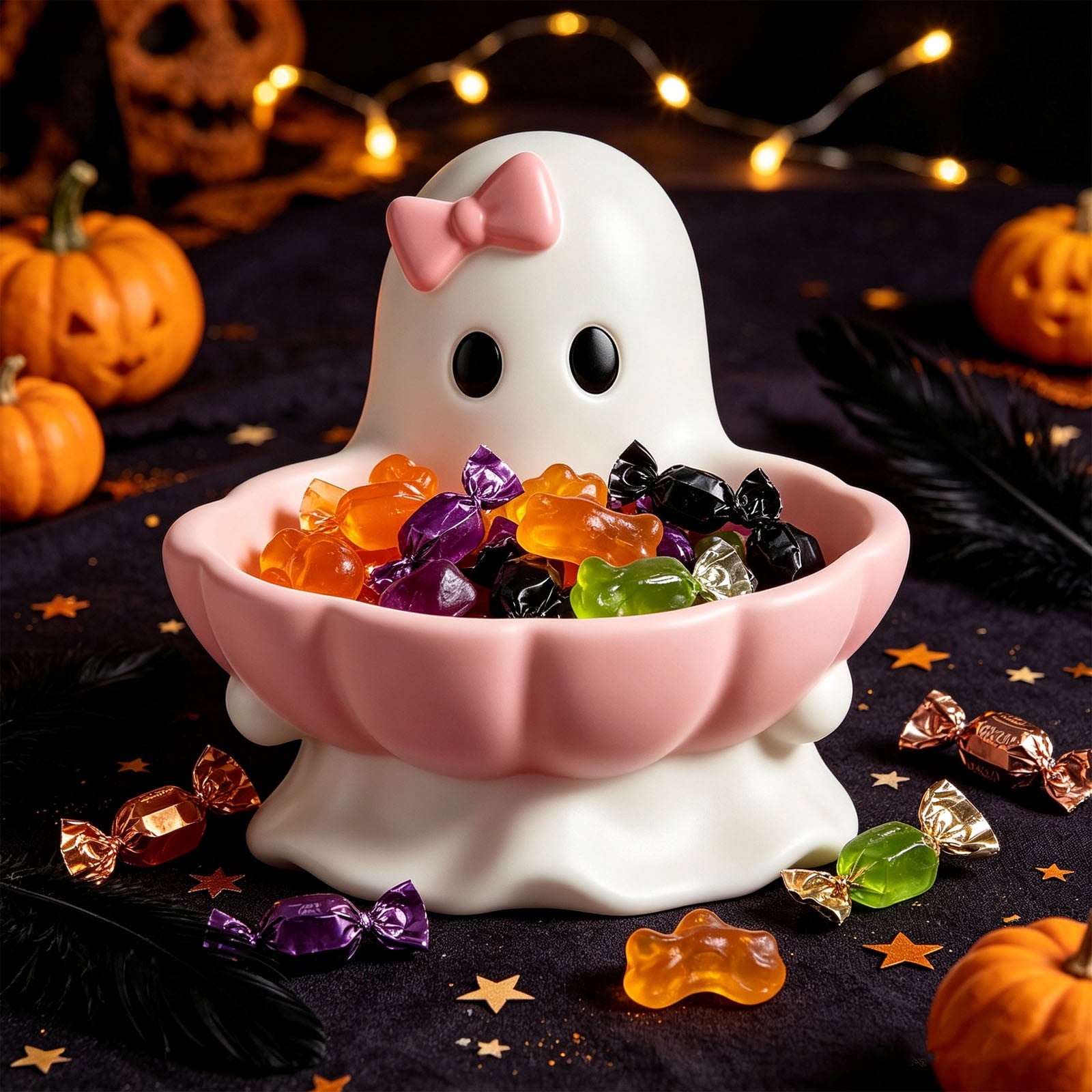 Diceymbol Halloween Pumpkin Snack Bowl Stand Collapsible Broomstick Candy Tray for Cupcakes & Desserts, Resin Serving Platter with Ceramic Pumpkin Bowls