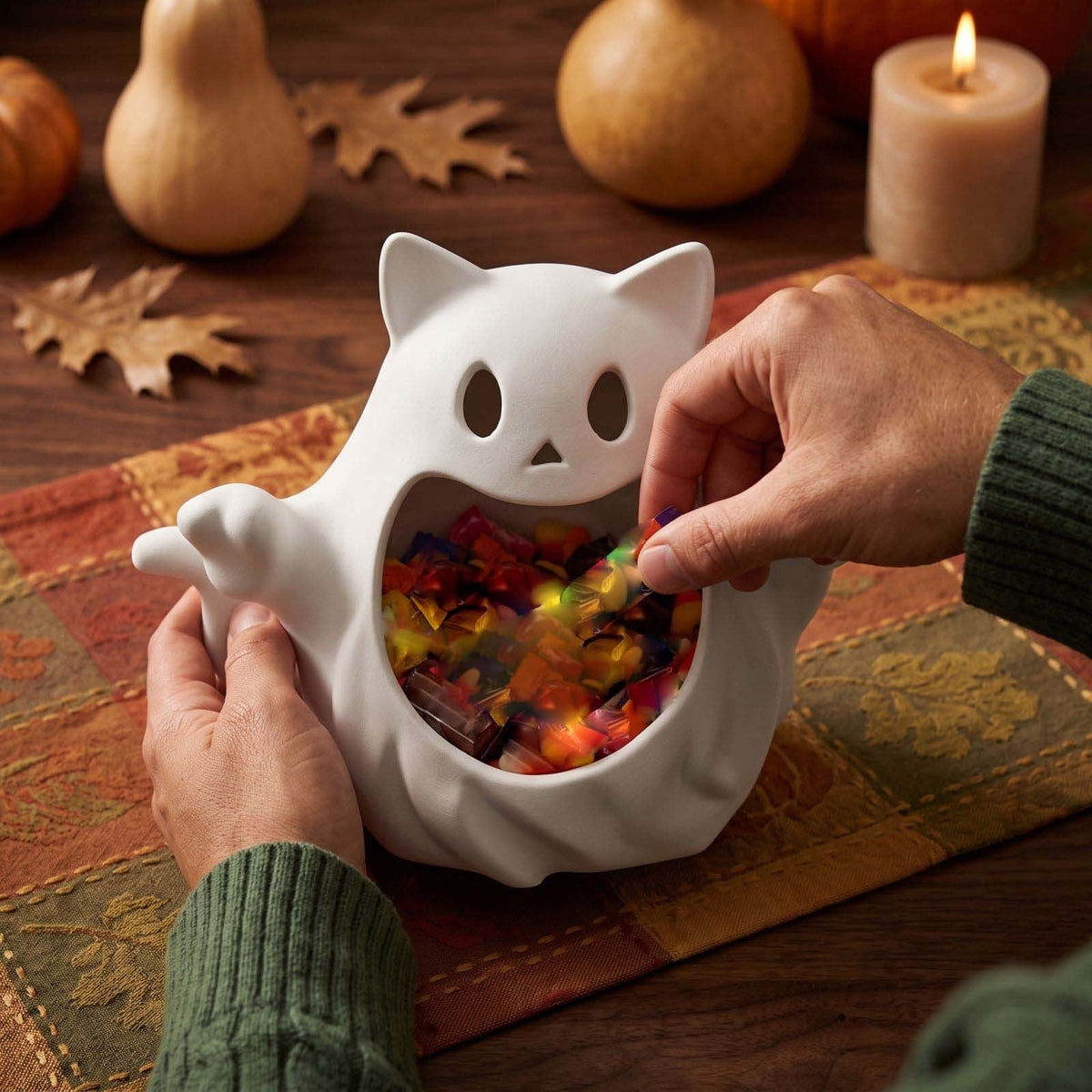 Diceymbol Halloween Pumpkin Snack Bowl Stand Collapsible Broomstick Candy Tray for Cupcakes & Desserts, Resin Serving Platter with Ceramic Pumpkin Bowls