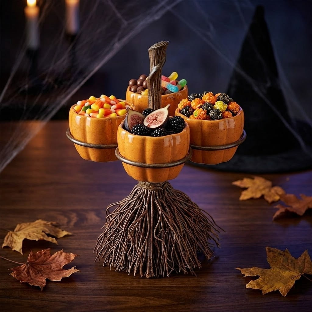 Diceymbol Halloween Pumpkin Snack Bowl Stand Collapsible Broomstick Candy Tray for Cupcakes & Desserts, Resin Serving Platter with Ceramic Pumpkin Bowls