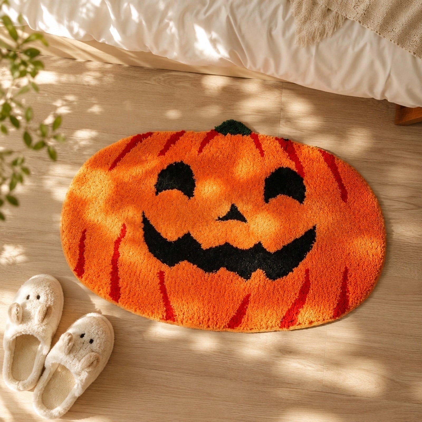 Liamobondopolis Halloween Floor Mat Jack O Lantern Shaped Tufted Non Slip Rubber Back Halloween Decor for Bathroom Entryway Halloween Party Decorations 23.62In X 15.75In