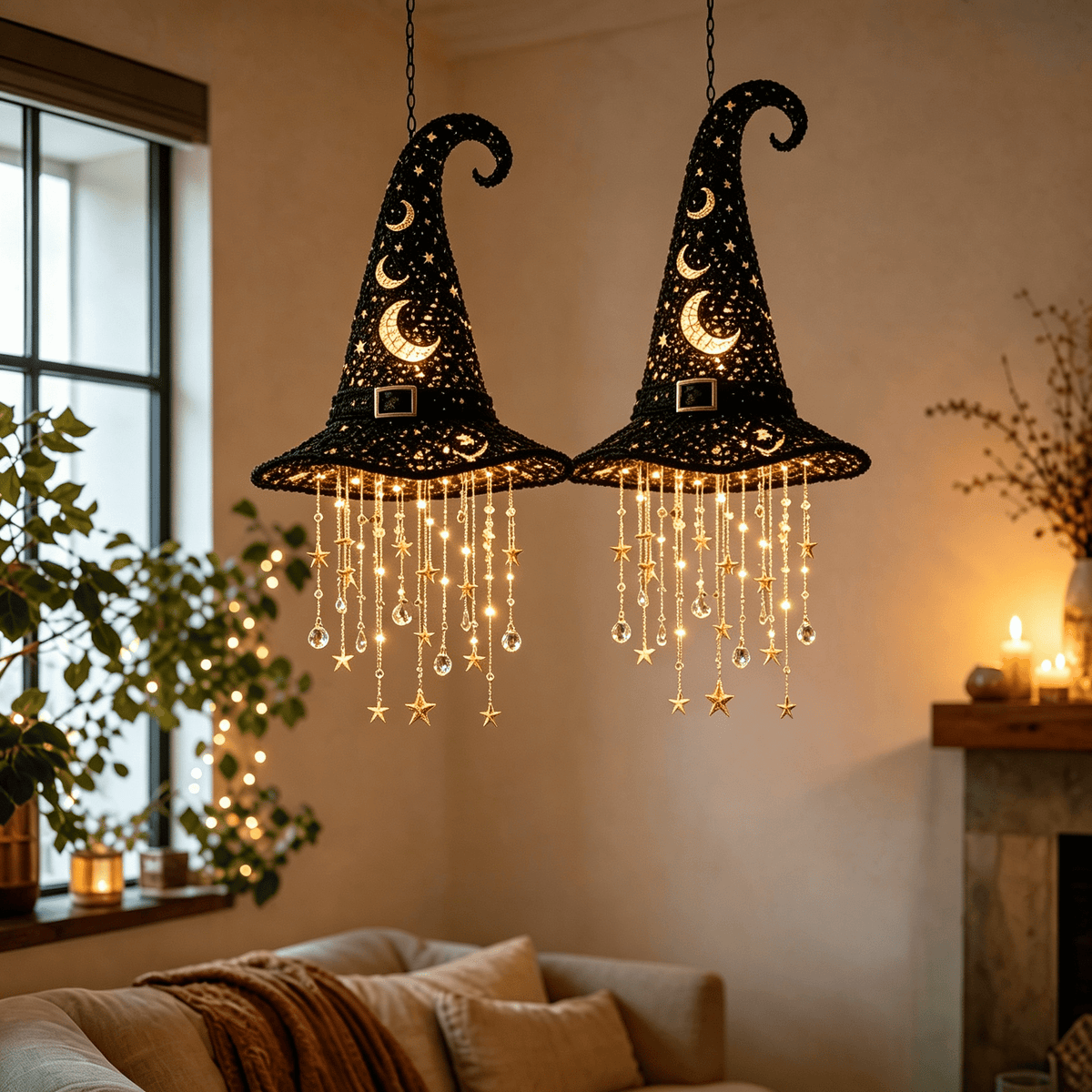 Stijggn Halloween Witch Hat, Black Hanging Witch Hats with Rope, Witch Costume Accessories Floating, Witches Hat with Hanging Rope for Porch Yard Indoor Outdoor Halloween Party Decor