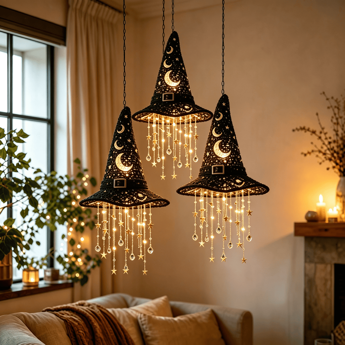 Stijggn Halloween Witch Hat, Black Hanging Witch Hats with Rope, Witch Costume Accessories Floating, Witches Hat with Hanging Rope for Porch Yard Indoor Outdoor Halloween Party Decor