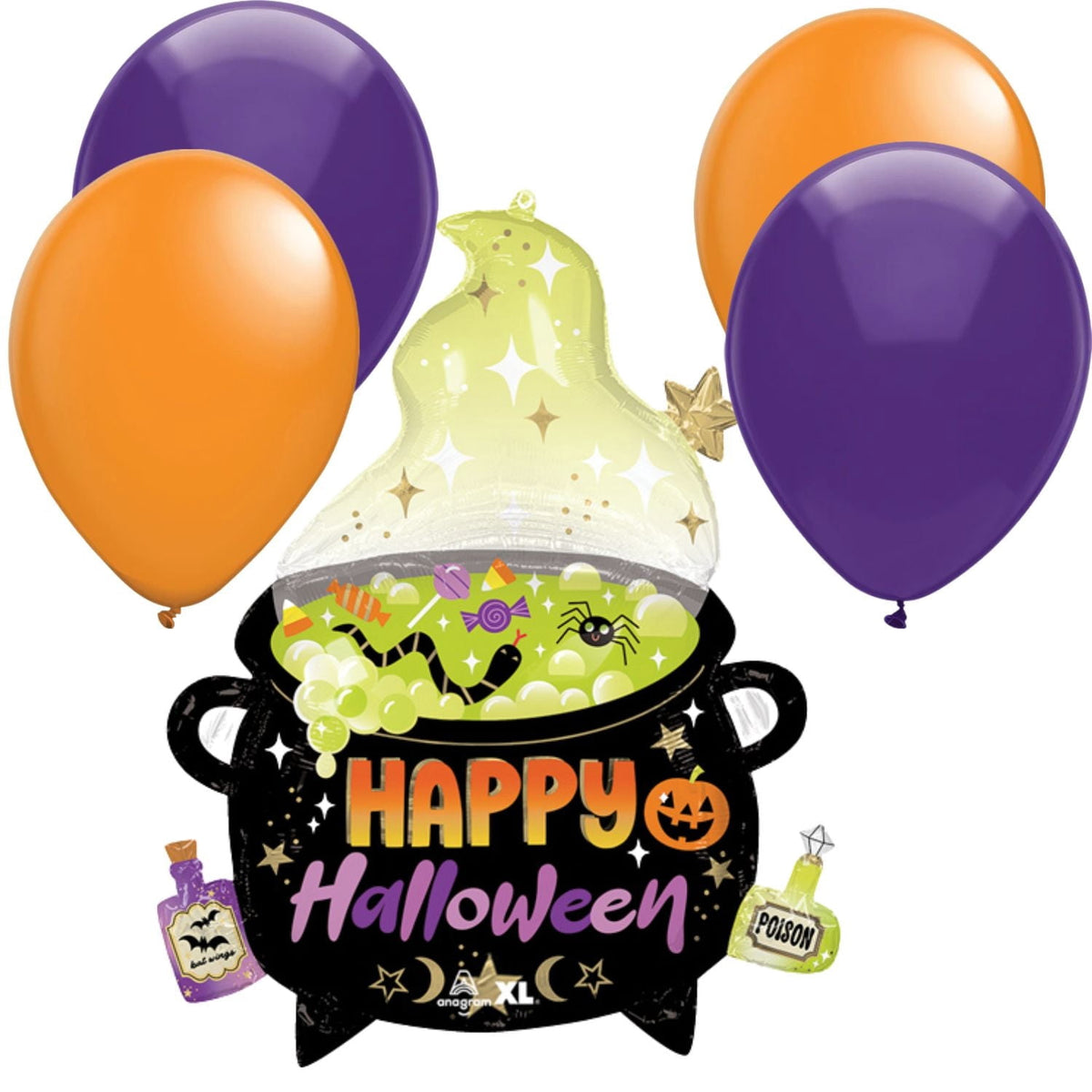 LoonBalloon 30" Halloween Witch’s Brew Cauldron Foil Balloon with 4 Latex Balloons – Spooky Party Decoration Set