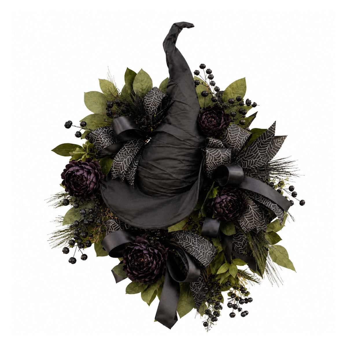 Luckky Black Rose Witch Hat Front Door Wreath,Elegant Spooky Halloween Door Decor with Spider Web Ribbon,Creepy Stylish Wreath for Home Accent,Gothic Themed Party & Indoor Room