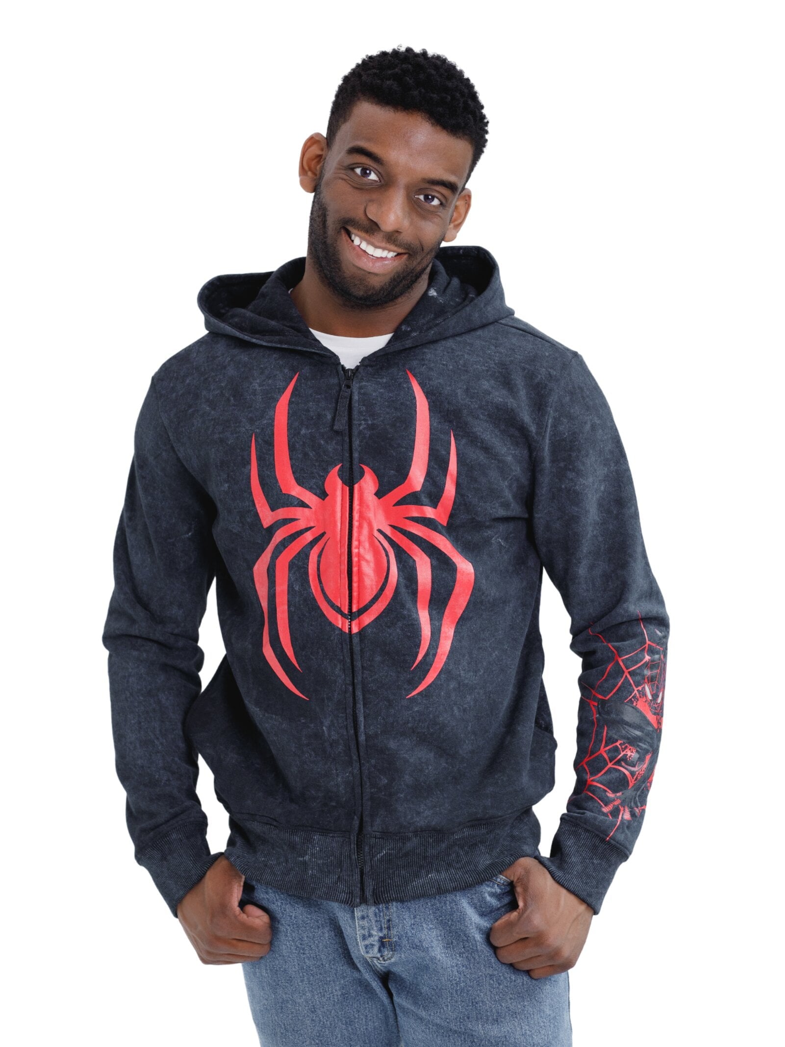 Marvel Spider-Man Adult Men or Women Cosplay Fleece Zip-Up Hoodie Miles Morales Charcoal