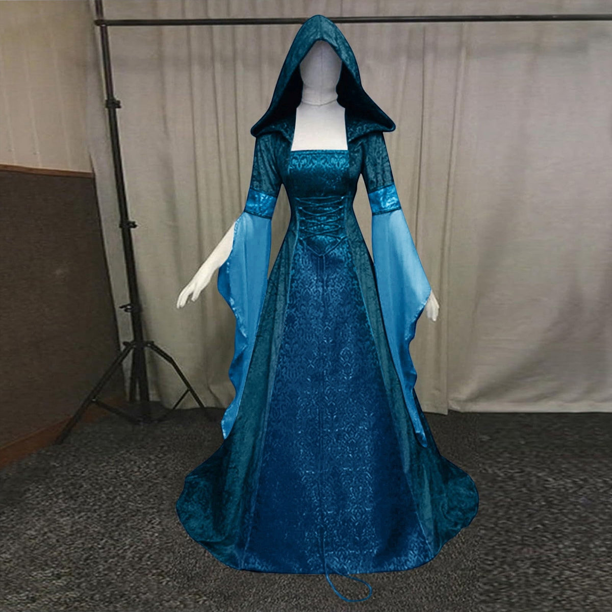 Women Gothic Cold Shoulder Midi Dress, Sheer Flare Bell Sleeve Front Corset Irregular Witch Costume Dress, Adult Halloween Dark Aesthetic Vintage Formal Evening Cosplay Party Outfit(Navy-2/M)