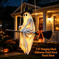 Mivyn Hanging Ghost Decor, Light-Up Flying Ghost on Broomstick with Witch Hat,Spooky Cute Outdoor Halloween Decorations for Front Porch Yard, 5 FT, 1 Pack