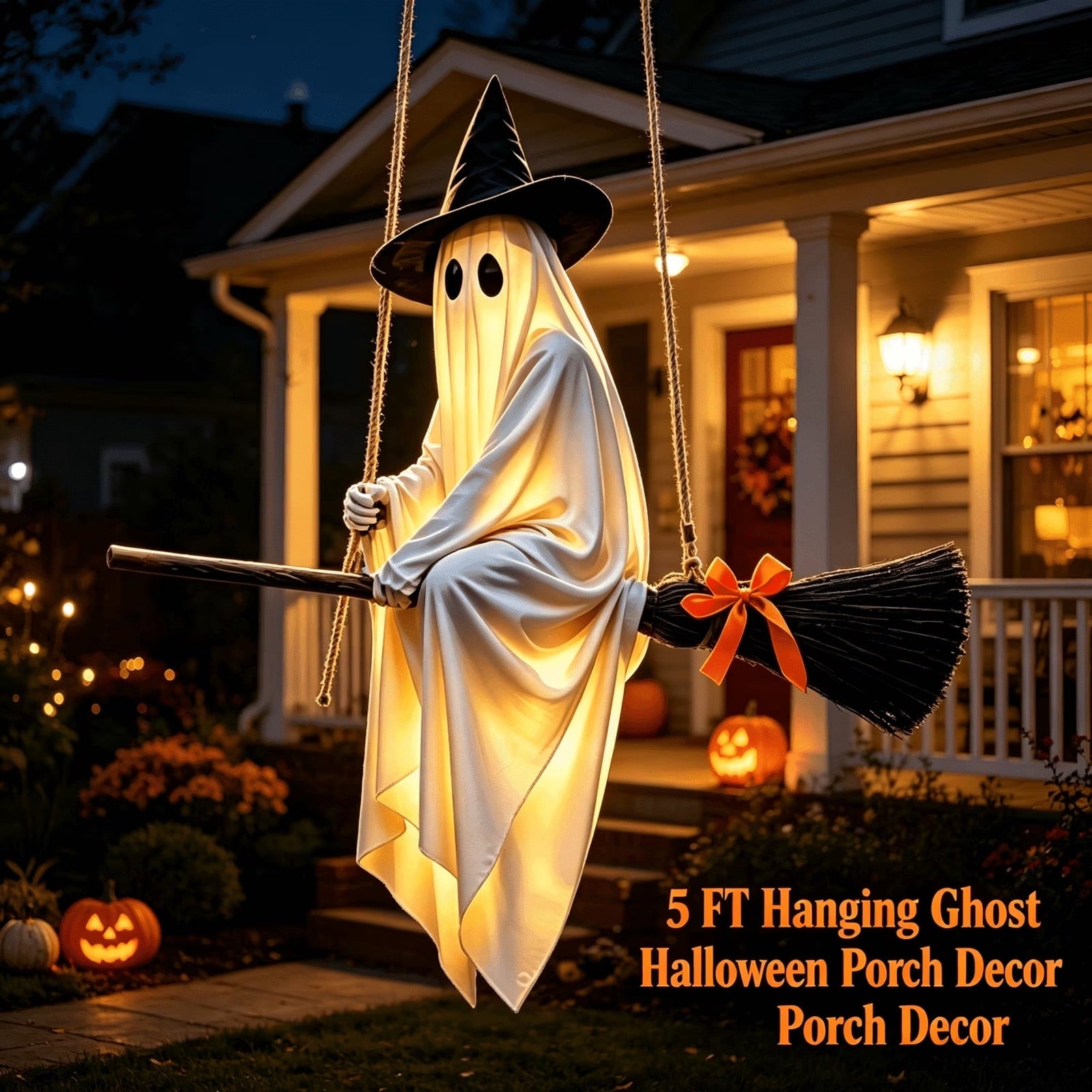 Mivyn Hanging Ghost Decor, Light-Up Flying Ghost on Broomstick with Witch Hat,Spooky Cute Outdoor Halloween Decorations for Front Porch Yard, 5 FT, 1 Pack