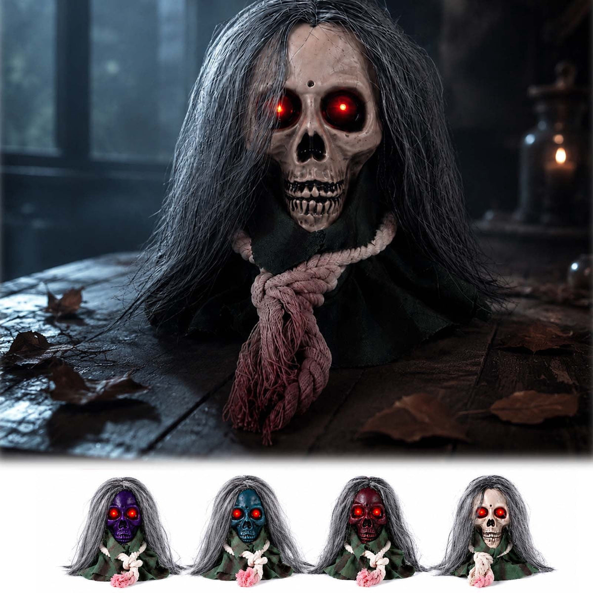 Moving Long Hair Hanging Skull Head Prop, Creepy Animated Halloween Skeleton Decor, Spooky Ornament for House, Party, Indoor Outdoor (Batteries Not Included)