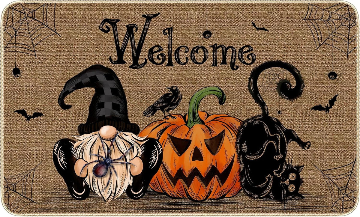 NIETEIN Halloween Door Mat Pumpkin Cat Gnomes Non-Slip Washable 31.5x19.7 Inch (Black Cat Pumpkin Dwarf)