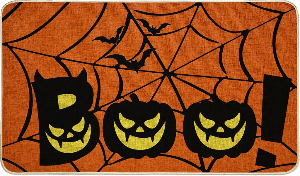 NIETEIN Halloween Door Mat Pumpkin Cat Gnomes Non-Slip Washable 31.5x19.7 Inch (Pumpkin Spider Web BOO)