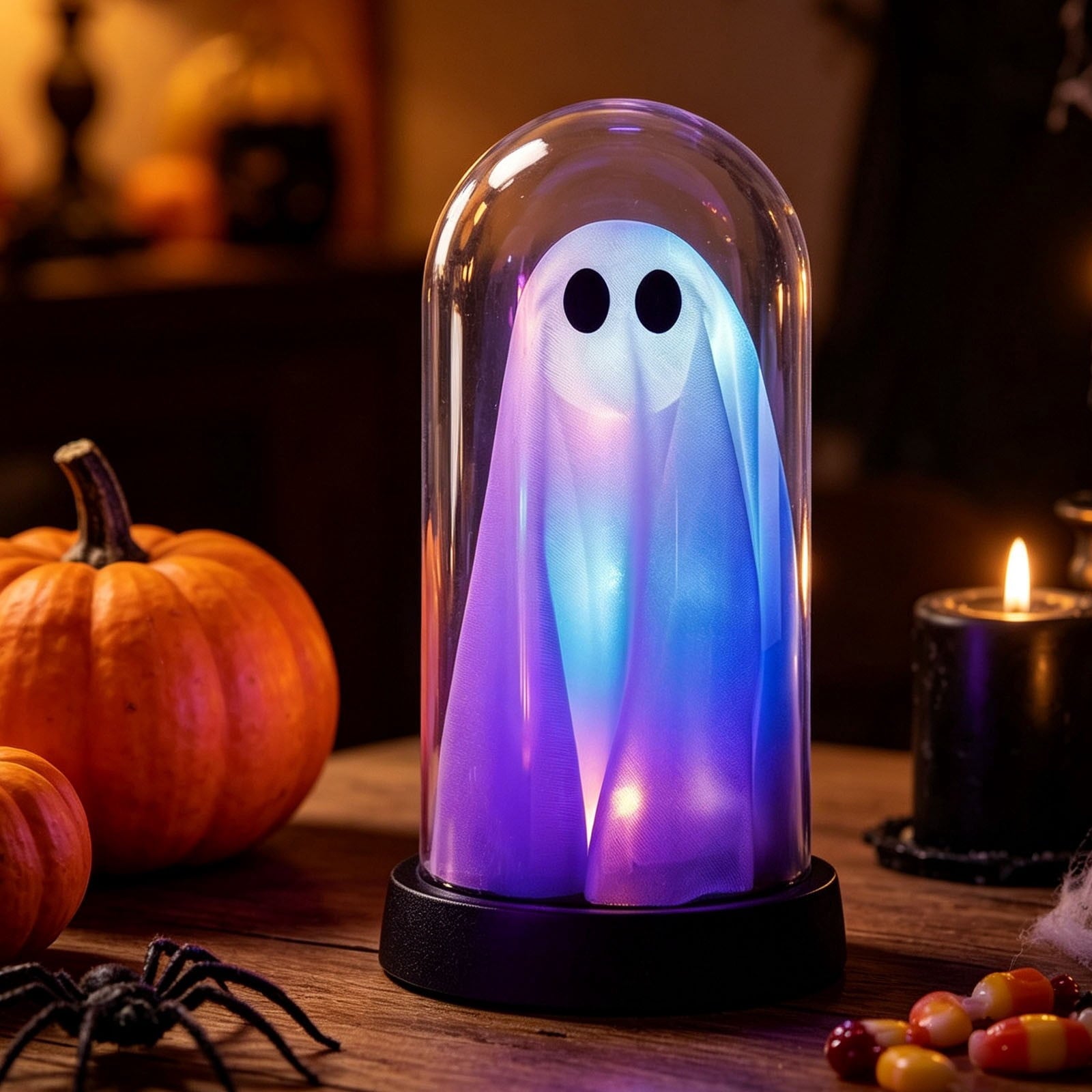 Darzheoy Halloween Decoration Ghost Cloche Lamp, with 3 Mini Figurines, Halloween Ghost Spooky, White Warm Glow, 1 Count