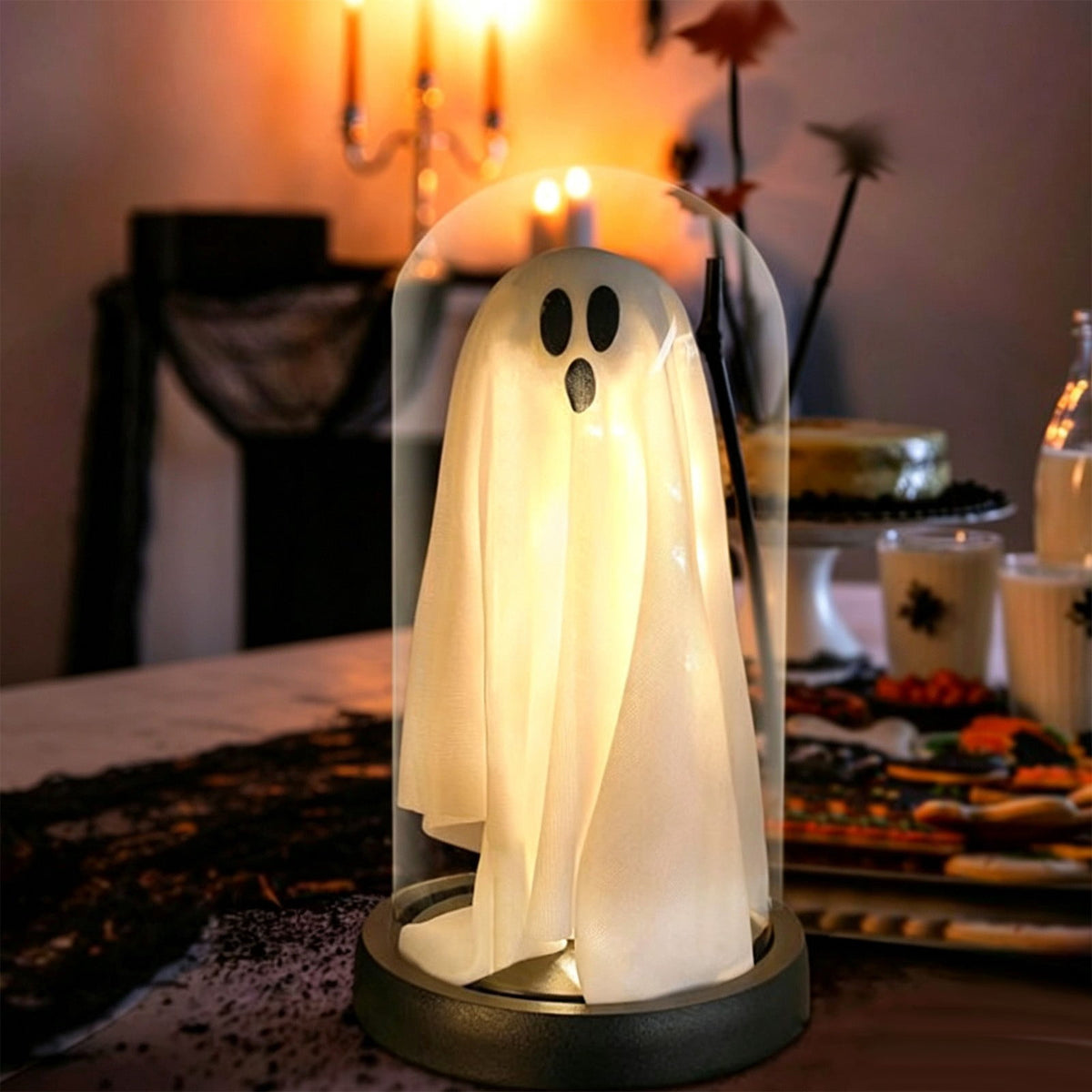 Darzheoy Halloween Decoration Ghost Cloche Lamp, with 3 Mini Figurines, Halloween Ghost Spooky, White Warm Glow, 1 Count