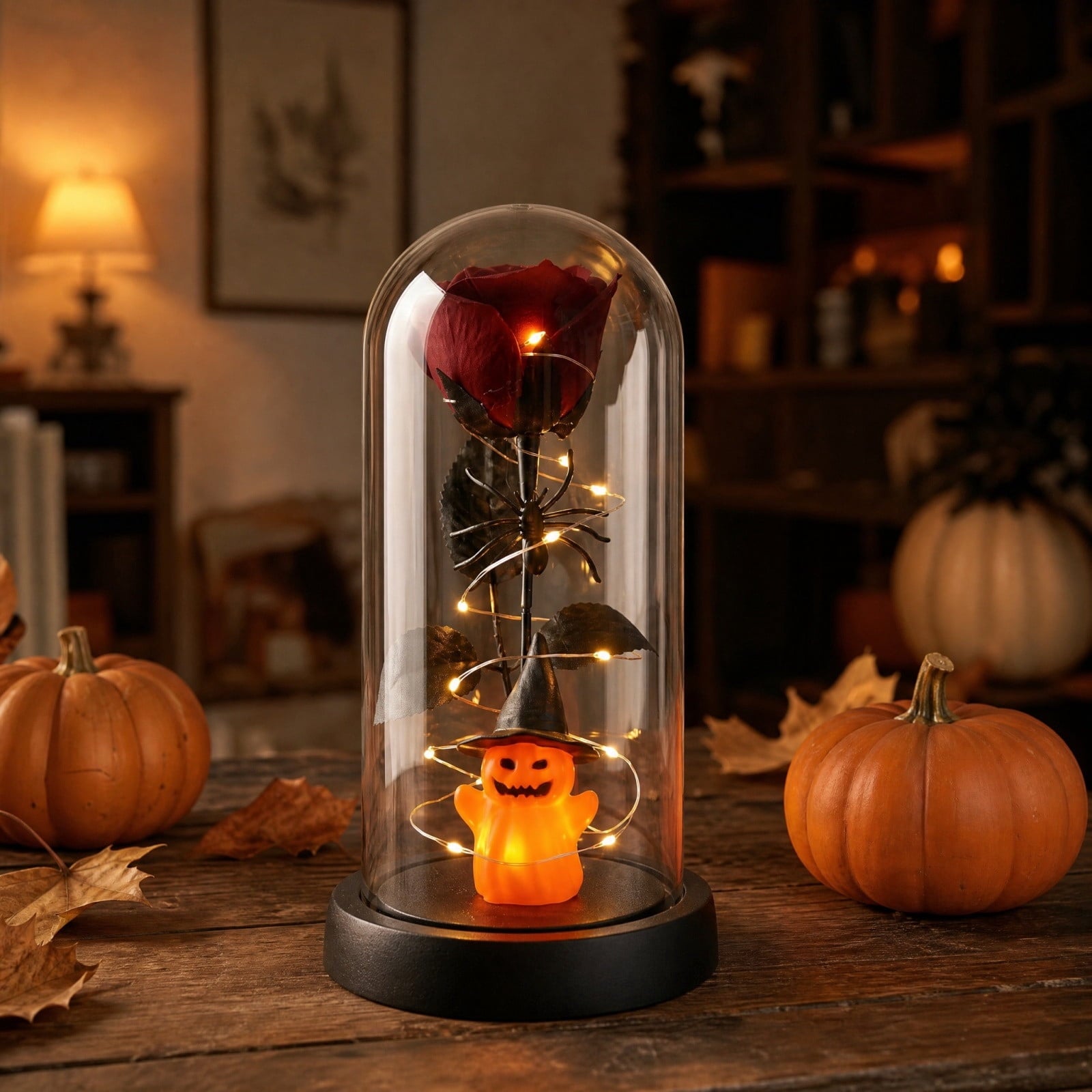 Darzheoy Halloween Decoration Ghost Cloche Lamp, with 3 Mini Figurines, Halloween Ghost Spooky, White Warm Glow, 1 Count