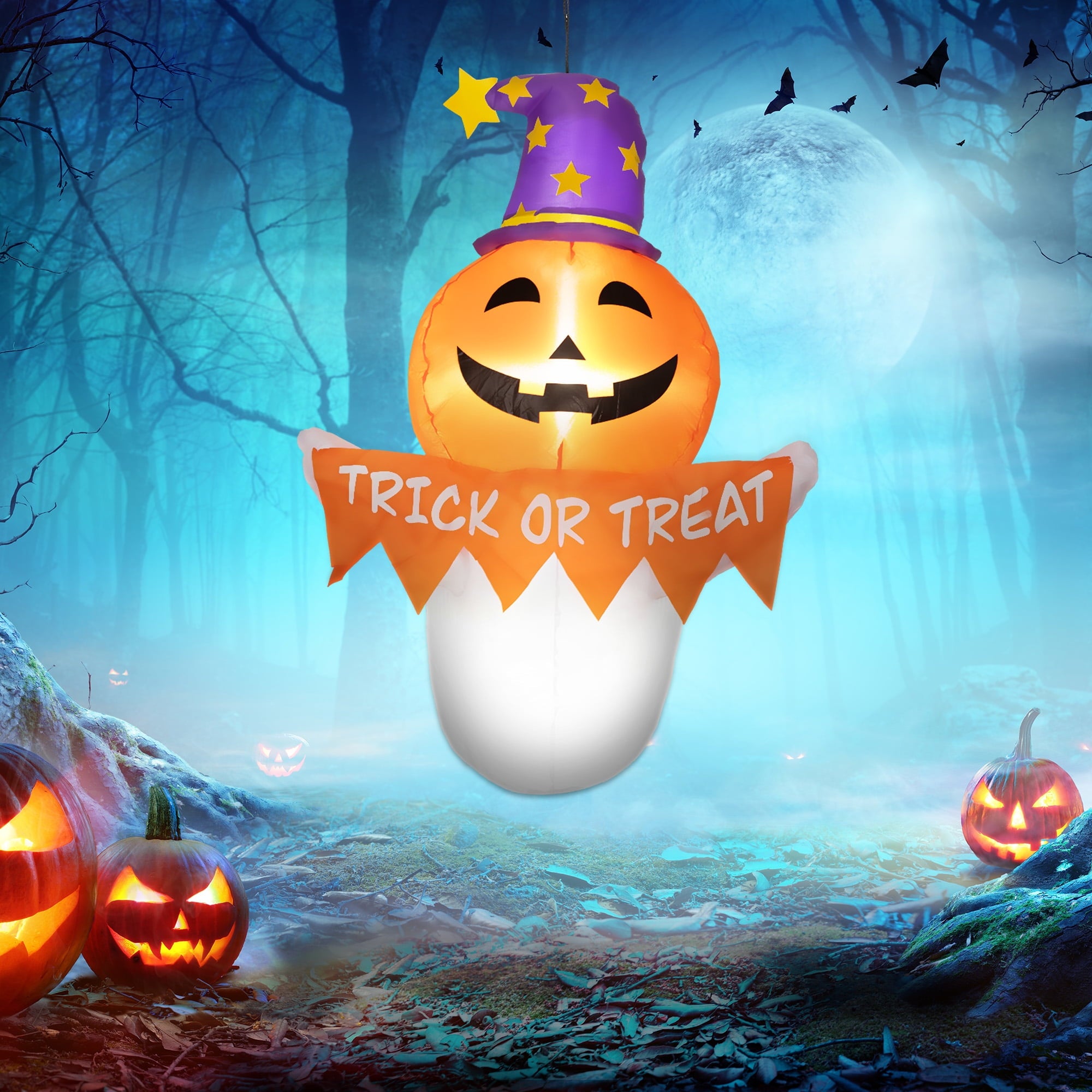 Outsunny 41.3" Inflatable Halloween Window Sticker Ghost with Orange Face, Halloween Decoration with LED Lights for Garden Indoor Outdoor