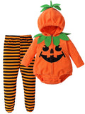 QEFJNO Unisex Toddler Baby Halloween Pumpkin Costume, Newborn Infant Long Sleeve Hooded Jumpsuit with Pants 2pcs Outfits