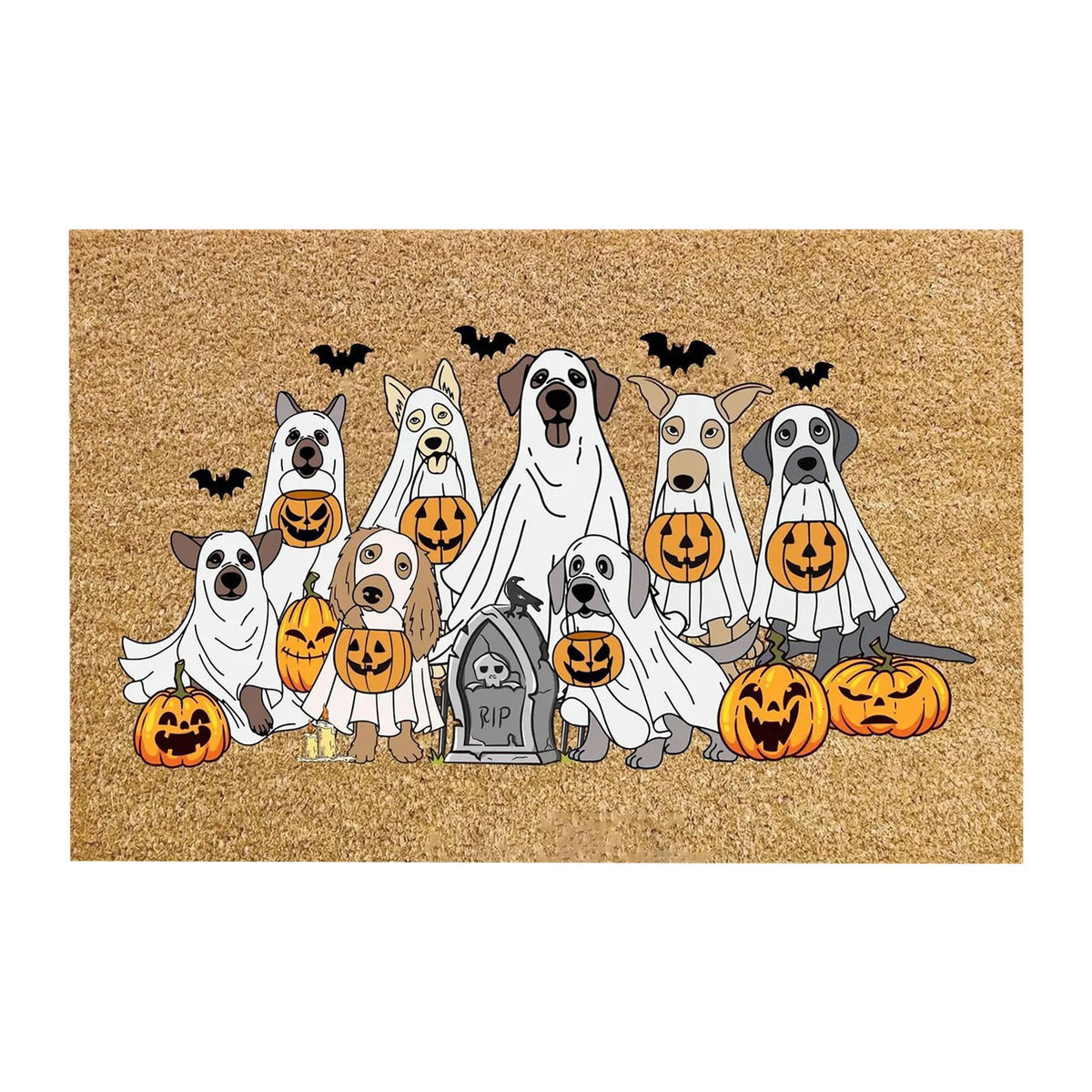 QLUEWX Halloween Doormat 24x16 Inch, Ghost Dog Pumpkin Natural Coir Front Door Mat, Non-Slip Absorbent Entrance Rug, Spooky Fall Decor Floor Mat for Porch Bathroom