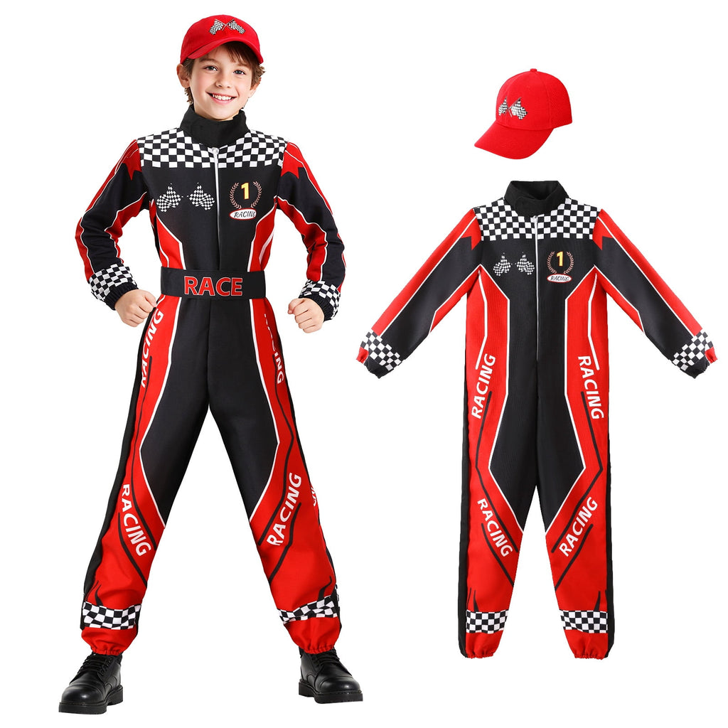 Race Car Driver Costume Boys Kids Racer Jumpsuit Outfits with Car Cap for Halloween Dress Up