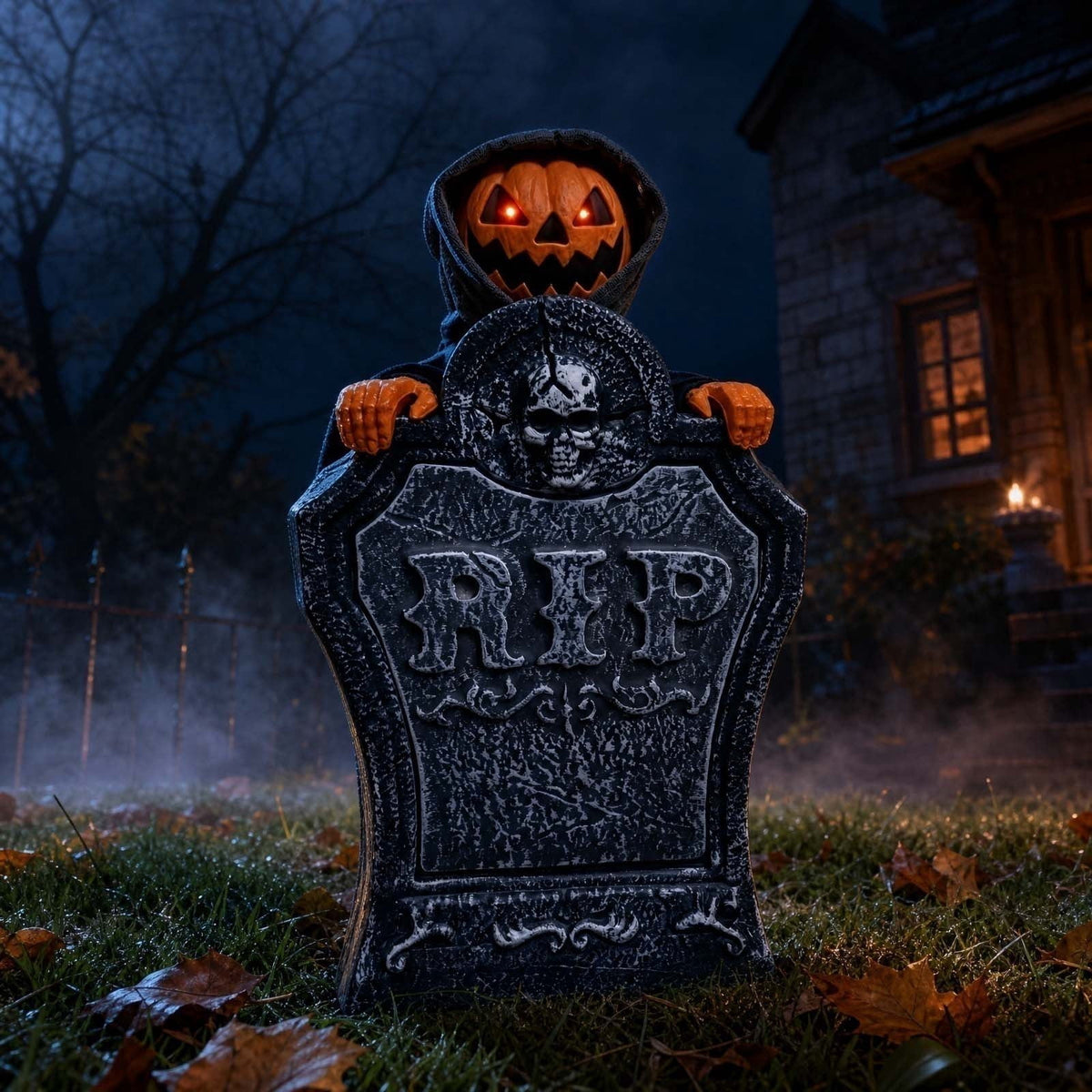 Roiihwy Halloween Animated Tombstone With Voice Activated Rising Skeleton And Pumpkin, B