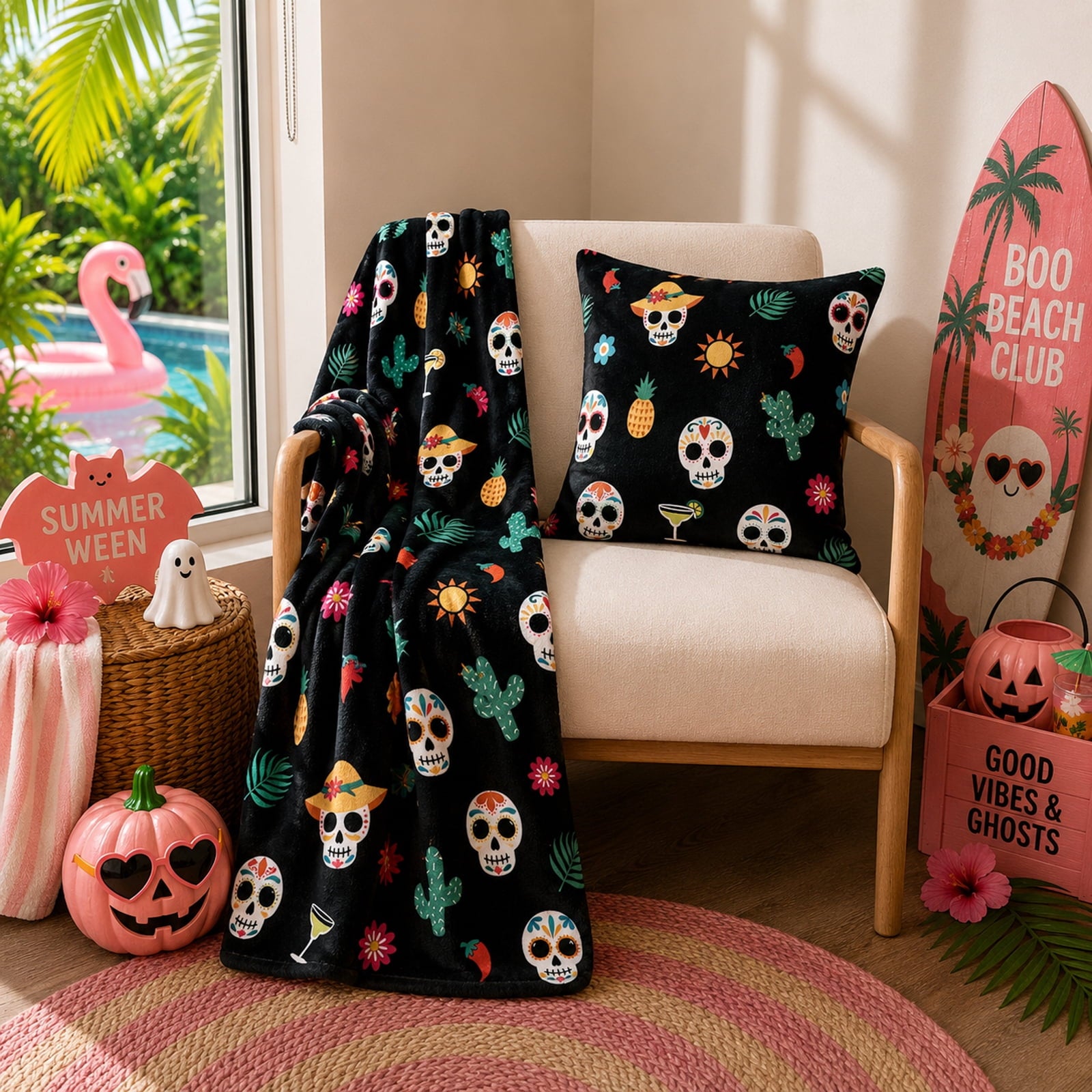Summerween Oversize Super Soft Plush Throw Blankets, Summer Patio Pool Halloween Throws, RETIREMENT GHOST