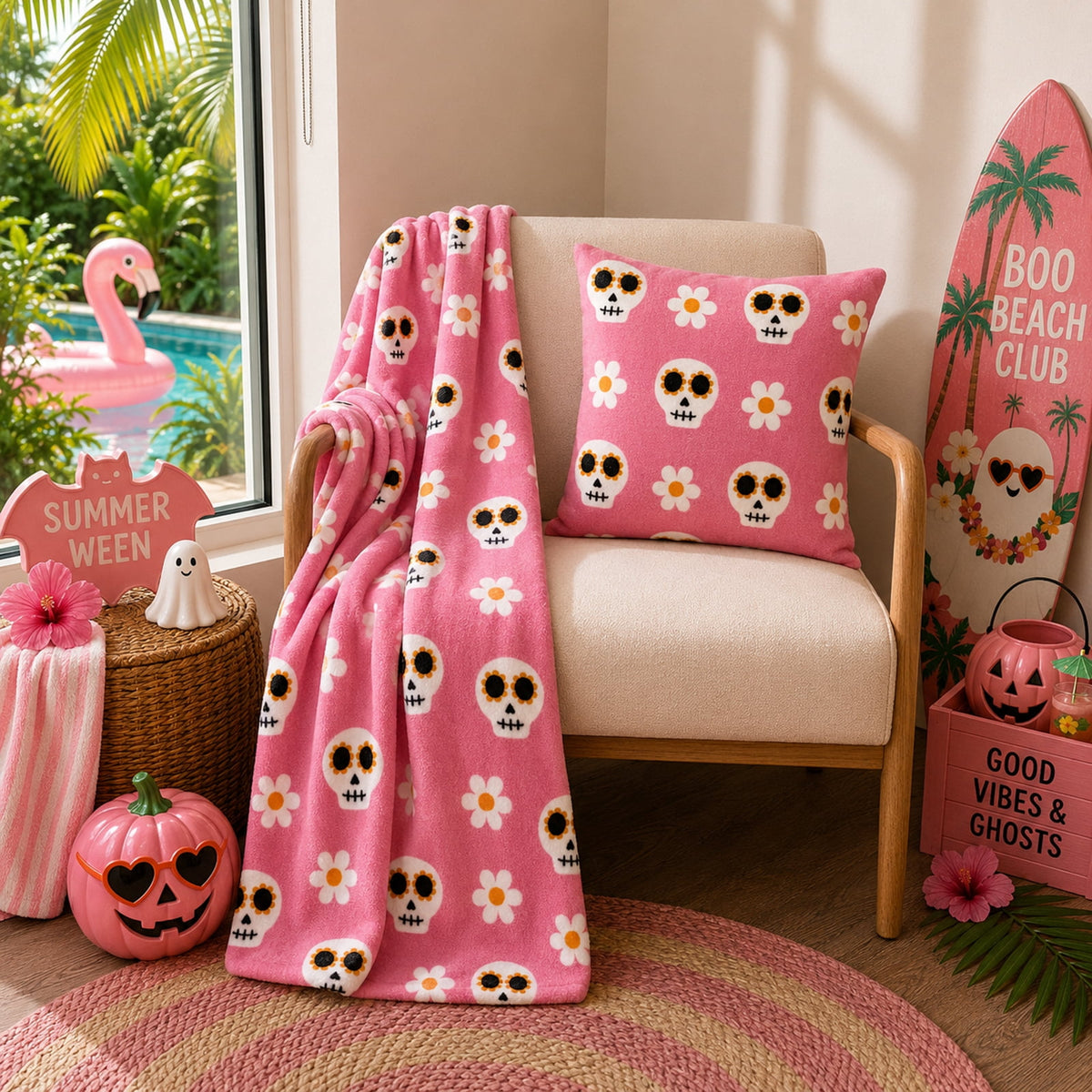 Summerween Oversize Super Soft Plush Throw Blankets, Summer Patio Pool Halloween Throws, RETIREMENT GHOST