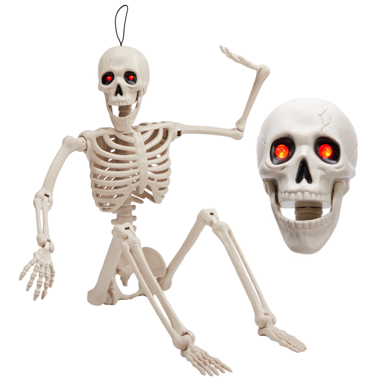 Joyfy 24 Inch Halloween Skeleton Decor with LED Light Eyes,Posable Skeleton Halloween Prop Full Body with Movable Joints for Haunted House Indoor Outdoor Decoration Spooky Decor