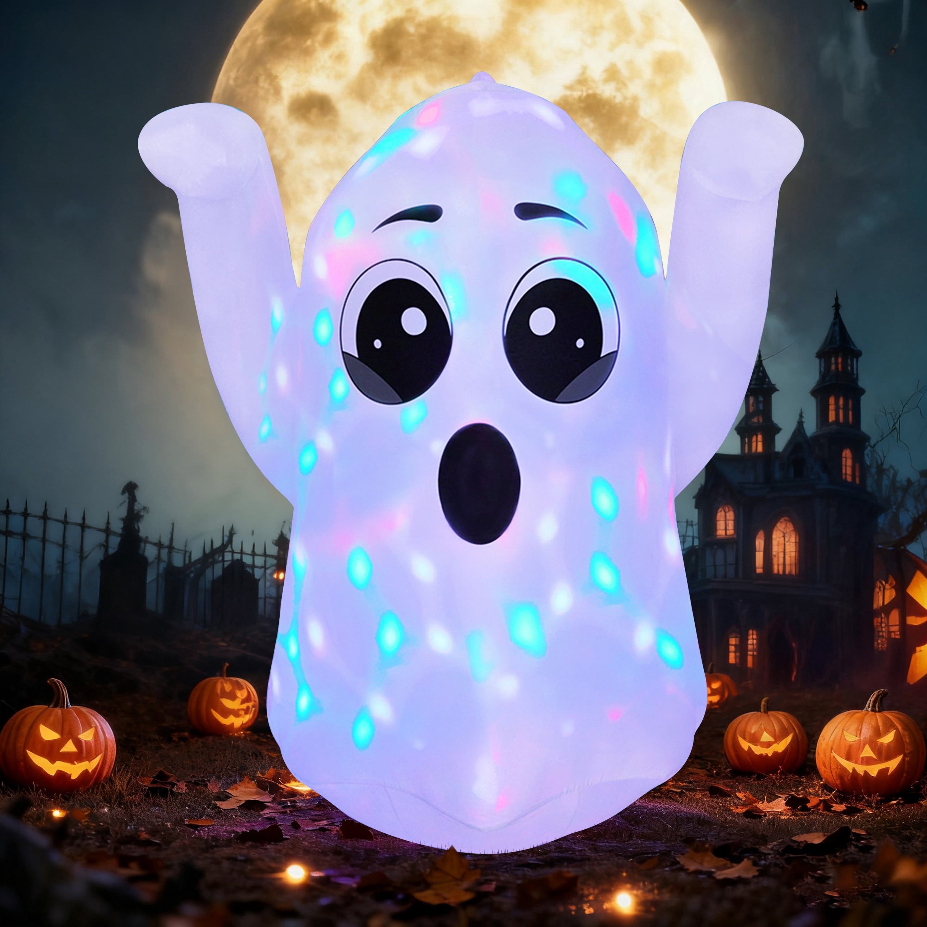 Joyfy 5Ft Halloween Inflatable Pumpkin Ghost with Colorful LED Lights,Halloween Blow Up Cute Decor for Indoor Outdoor Holiday Yard Decoration