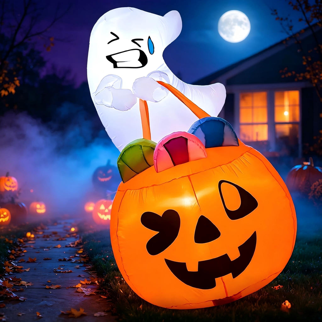 Joyfy 5ft Halloween Inflatables Light up Cute Ghost,Blow Up Ghost Lift Pumpkin Candy Bag with Build-in LEDs for Yard Decorations