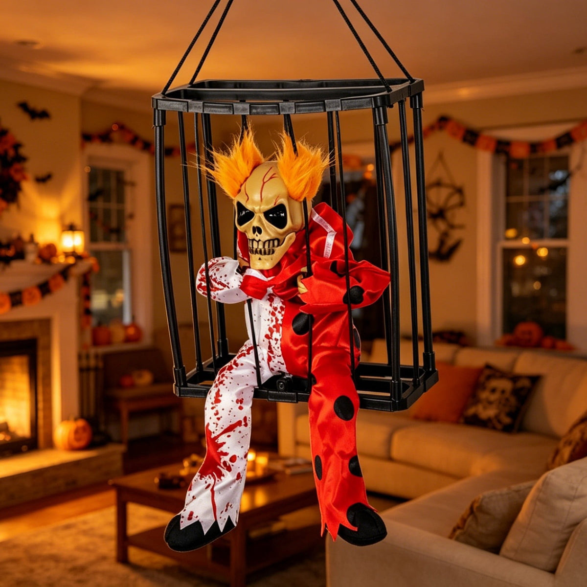 Sahpxhe Halloween Decorations Hanging Ghost Decor, Animated Shaking Caged Skeleton Prisoner with Glowing Red Eyes for Indoor Living Room Party Decor Watermelon Red