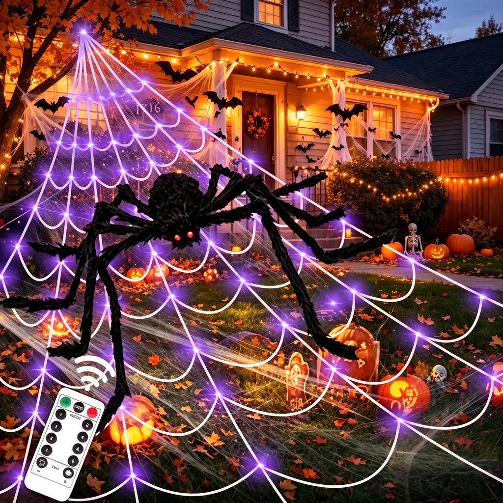 Scidweet Halloween Decorations Outdoor, 350 LED Halloween Spider Web Lights with 79" Giant Spider for Home Garden Yard Decor