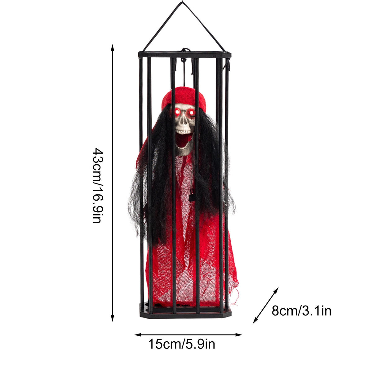Screaming Animated Halloween Decorations, Halloween Decor Prop with Motion Sensor, Scary Skull Cage Prisoner Decor, Spooky Hanging Ghost Light Up Eyes Decorations