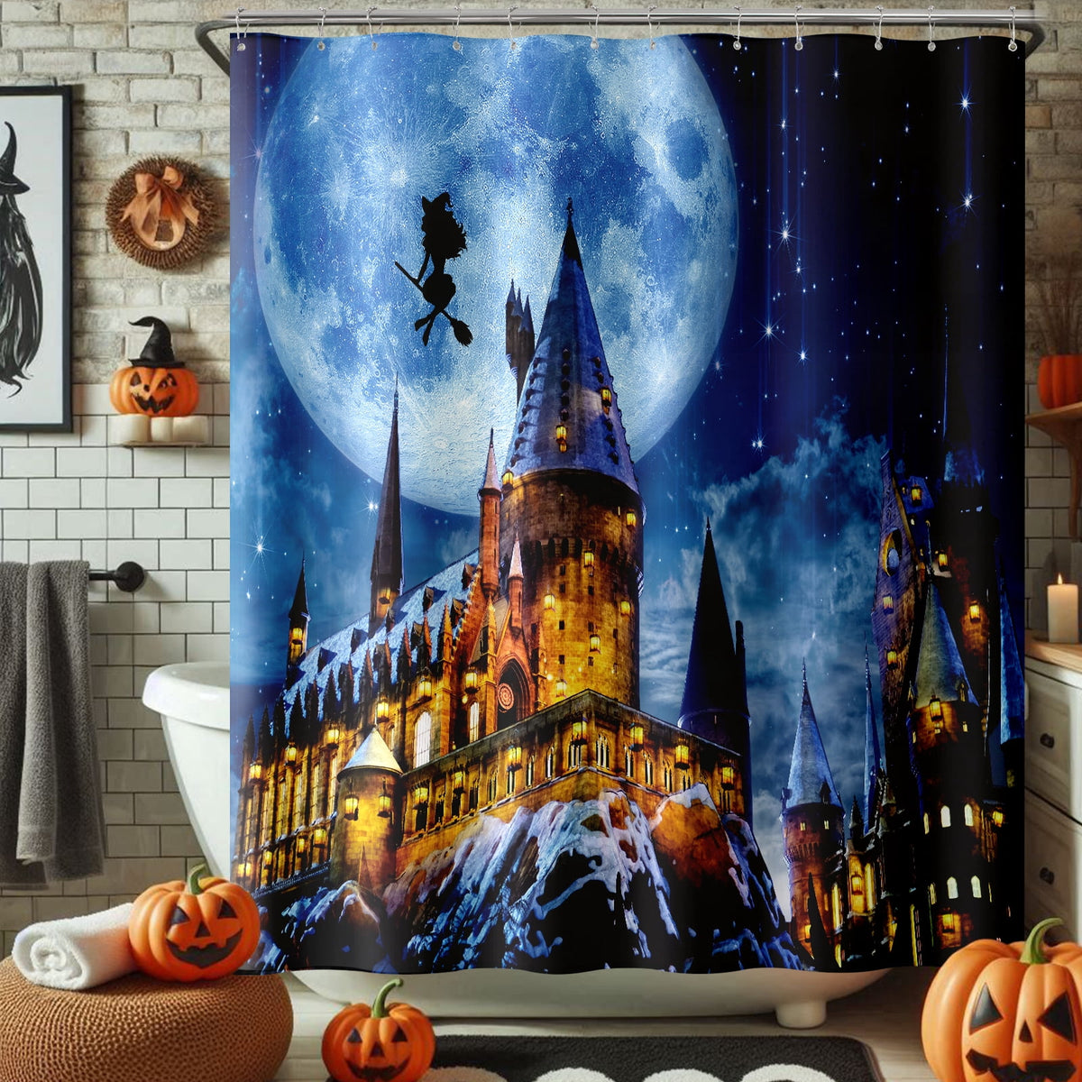 Seasonwood Halloween Shower Curtain,Spooky Halloween Black Cat Shower Curtain,Waterproof Halloween Bathroom Decor with 12 hooks,72"x72"