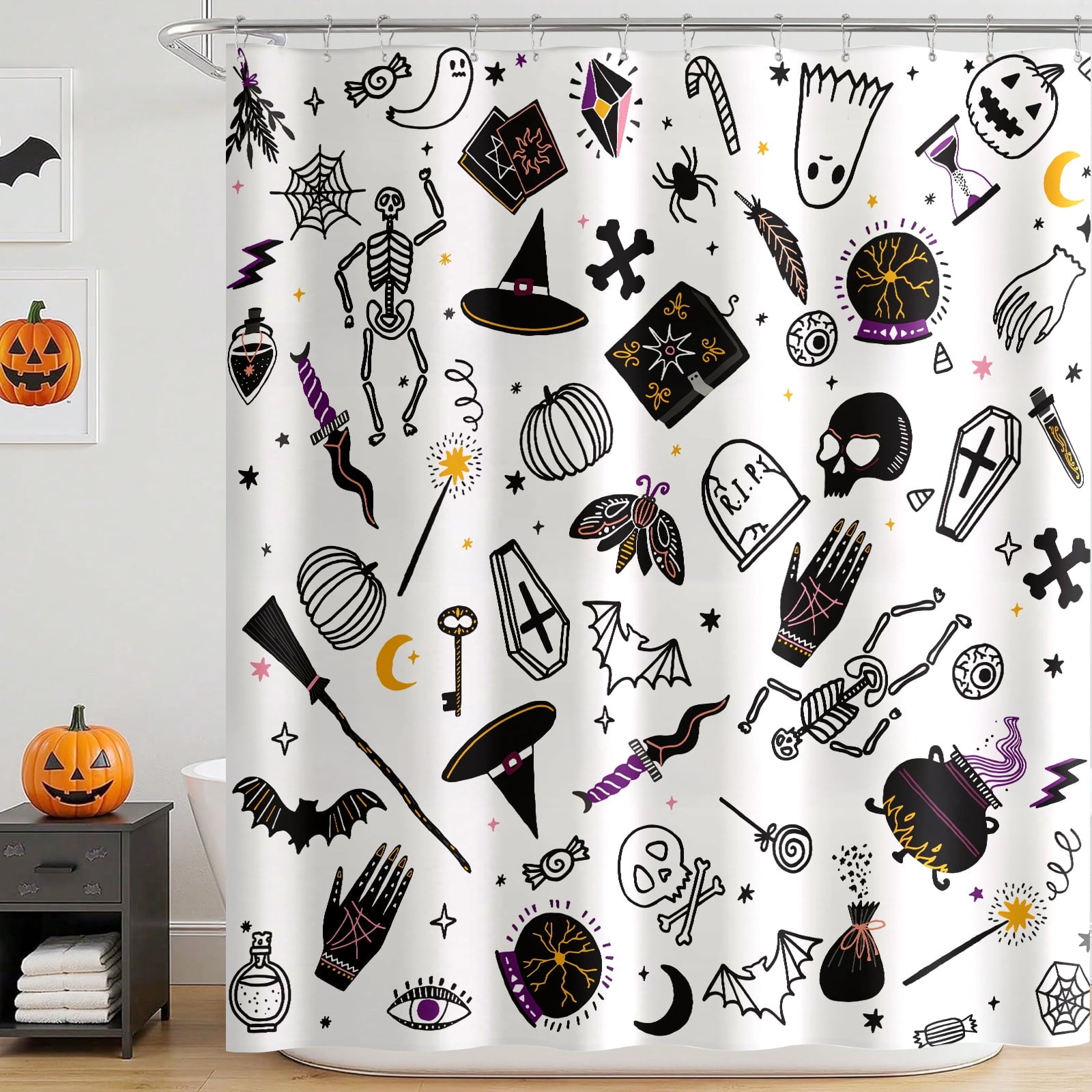 Seasonwood Halloween Shower Curtain,Spooky Halloween Black Cat Shower Curtain,Waterproof Halloween Bathroom Decor with 12 hooks,72"x72"